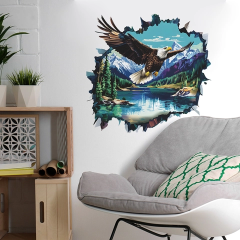 3D Broken Wall Effekt Adler Wandtattoo Langlebiges PVC Naturlandschaft Fliegender Adler Wandaufkleber Für Wohnzimmer Schlafzimmer Deko