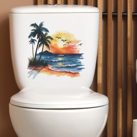 Sticker pour Couvercle de Toilettes Plage Tropicale Coucher du Soleil Palmier PVC Imperméable Décalcomanie Décorative Salle de Bain