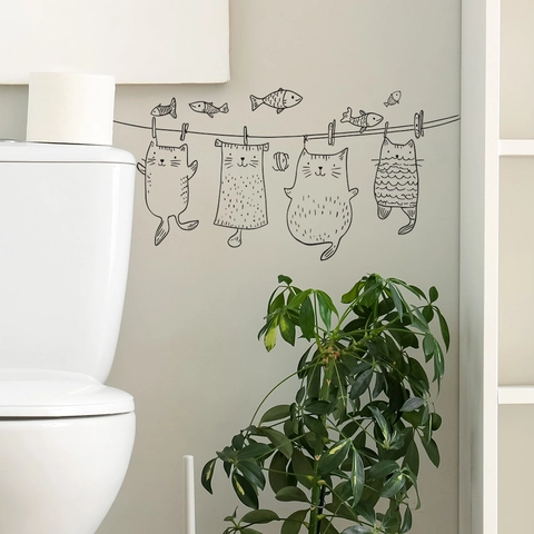 Cartoon Cat Clothesline Wall Sticker Creative PVC Removable Art Decal For Laundry Room Bedroom Home Decor Minimalist Line Mural