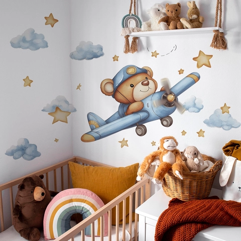 Cartoon Bear Flying Airplane Wall Sticker Watercolor Clouds Stars Removable PVC Decal For Kids Room Bedroom Nursery Home Decor