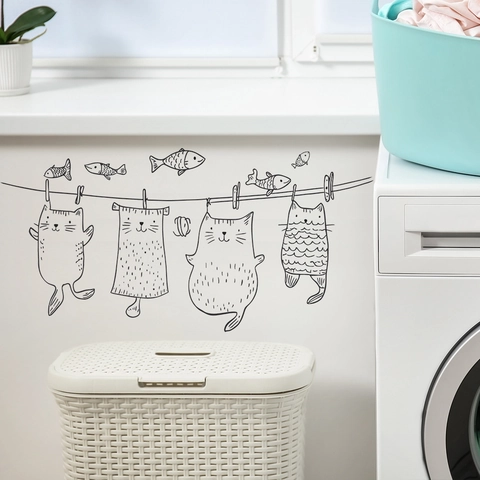 Cartoon Cat Clothesline Wall Sticker Creative PVC Removable Art Decal For Laundry Room Bedroom Home Decor Minimalist Line Mural
