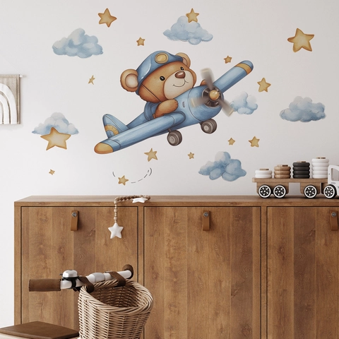 Cartoon Bear Flying Airplane Wall Sticker Watercolor Clouds Stars Removable PVC Decal For Kids Room Bedroom Nursery Home Decor