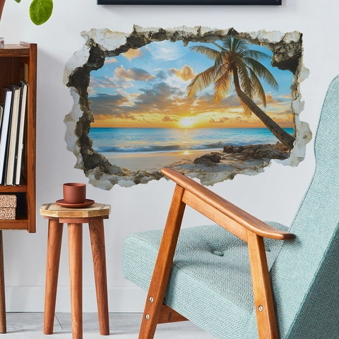 Autocollant Mural 3D Mur Brisé Coucher De Soleil Plage PVC Amovible Paysage Mer Tropicale Cocotier Peinture Murale Art Déco