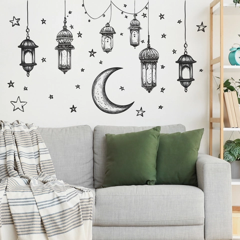 Modern Minimalist PVC Wall Sticker Ramadan Moon Star Lantern Line Art Decorative DIY Decal For Living Room Bedroom Home Decor