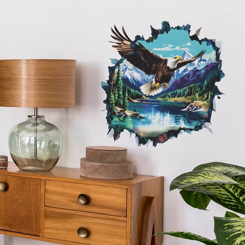 3D Broken Wall Effekt Adler Wandtattoo Langlebiges PVC Naturlandschaft Fliegender Adler Wandaufkleber Für Wohnzimmer Schlafzimmer Deko