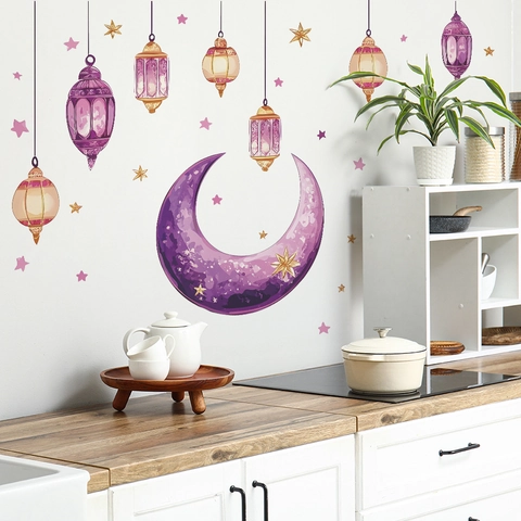 Adesivi Murali Ramadan Luna Stelle Lanterna Acquerello Viola PVC Murales Fai da Te Per Soggiorno Camera da Letto Eid Mubarak Decorazione Casa