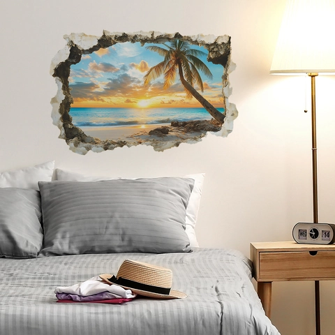 Autocollant Mural 3D Mur Brisé Coucher De Soleil Plage PVC Amovible Paysage Mer Tropicale Cocotier Peinture Murale Art Déco