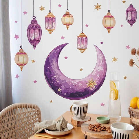 Adesivi Murali Ramadan Luna Stelle Lanterna Acquerello Viola PVC Murales Fai da Te Per Soggiorno Camera da Letto Eid Mubarak Decorazione Casa