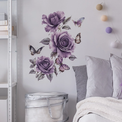 Lila Rose Schmetterling Wandtattoo PVC Abnehmbare Kunst Aufkleber Für Wohnzimmer Schlafzimmer Home Decor Moderne Blumen Wandbild