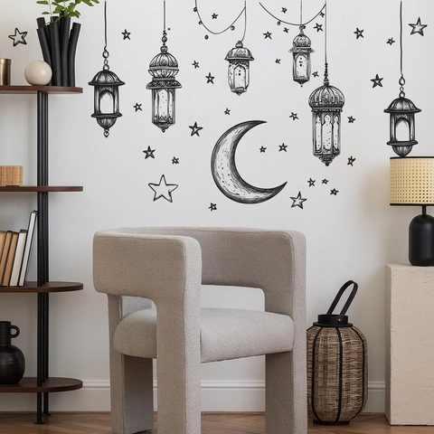 Modern Minimalist PVC Wall Sticker Ramadan Moon Star Lantern Line Art Decorative DIY Decal For Living Room Bedroom Home Decor