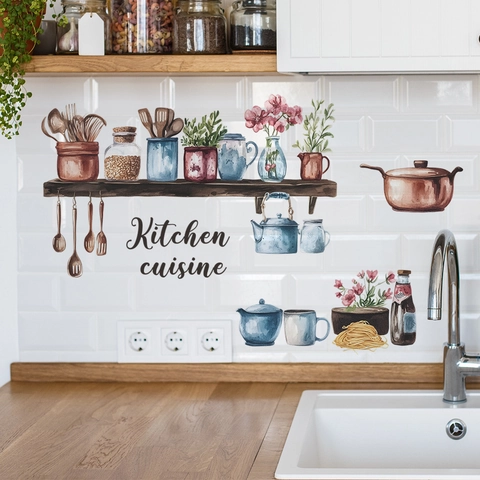 Adesivo da Parete in PVC con Utensili da Cucina ad Acquerello Lettere Kitchen Cuisine Motivo Floreale per Decorazione Sala da Pranzo