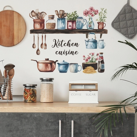 Adesivo da Parete in PVC con Utensili da Cucina ad Acquerello Lettere Kitchen Cuisine Motivo Floreale per Decorazione Sala da Pranzo