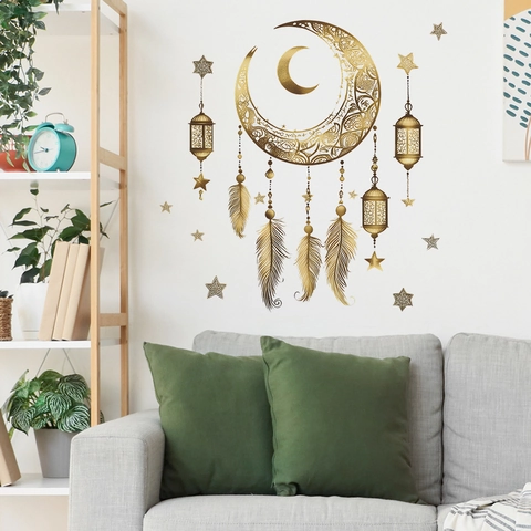 Golden Moon Stars Feathers Wall Sticker PVC Bohemian Hollow Lantern Decals For Living Room Bedroom Modern Home Decoration