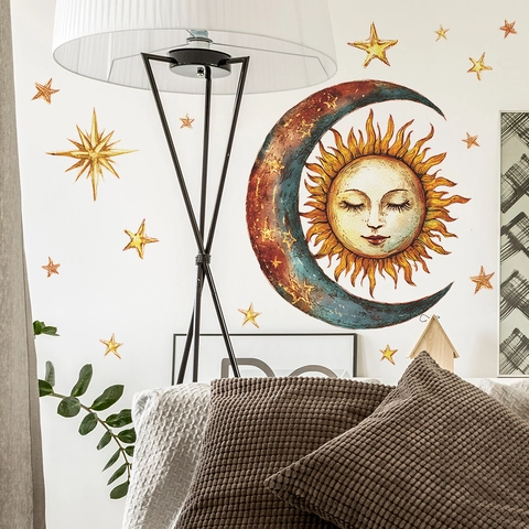 Vintage Zon Maan Sterren Muurstickers Retro Hemelse Muurdecoratie PVC Verwijderbare Bohemien Kunst Sticker Voor Slaapkamer