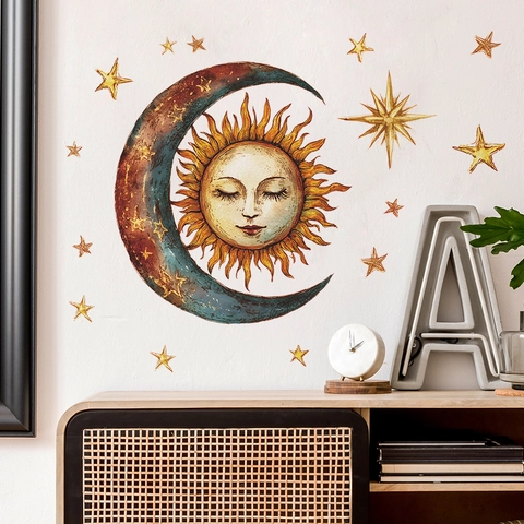 Vintage Zon Maan Sterren Muurstickers Retro Hemelse Muurdecoratie PVC Verwijderbare Bohemien Kunst Sticker Voor Slaapkamer