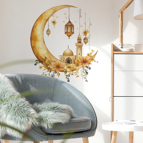 Pegatina de Pared de Mezquita y Luna de Ramadán de PVC Acuarela Linterna Islámica Floral Calcomanía de Pared Autoadhesiva Decoración