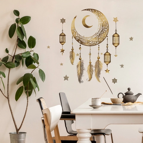 Golden Moon Stars Feathers Wall Sticker PVC Bohemian Hollow Lantern Decals For Living Room Bedroom Modern Home Decoration