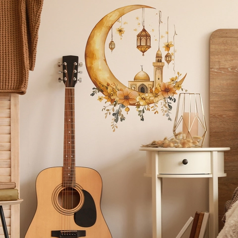 Pegatina de Pared de Mezquita y Luna de Ramadán de PVC Acuarela Linterna Islámica Floral Calcomanía de Pared Autoadhesiva Decoración