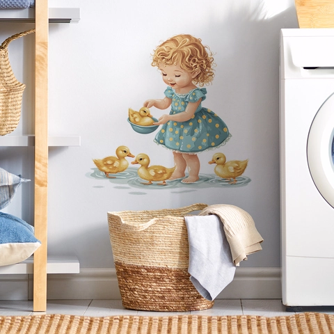 Pegatinas De Pared De Niña De Dibujos Animados Y Patito Amarillo Calcomanías De PVC Impermeables Para Baño Habitación Decoración fun-e229