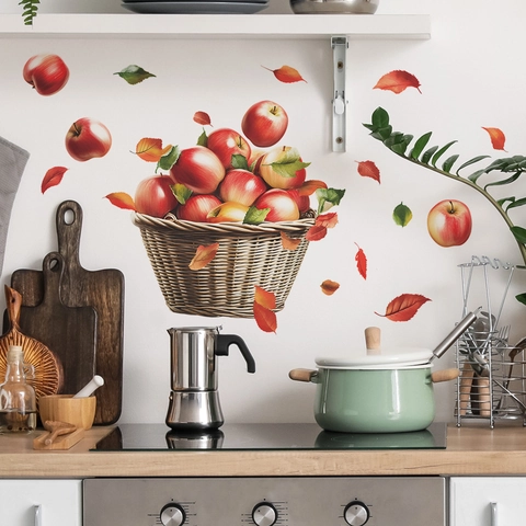 Colorful Apple Basket And Autumn Leaves Wall Decal PVC Removable Self Adhesive Kitchen Dining Room Home Decor Sticker