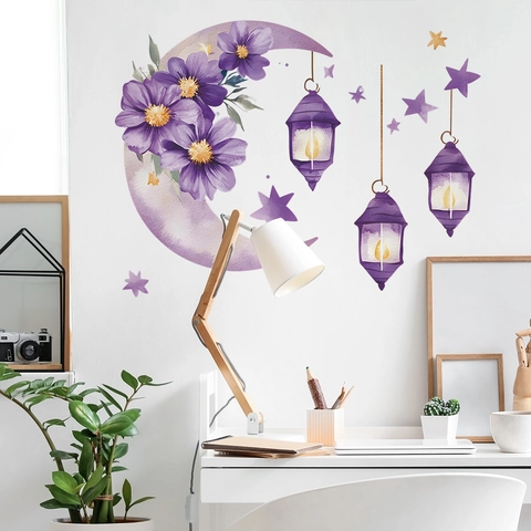 Romantisches Aquarell Lila Mond Blume Sterne Wandaufkleber Kreative Pendelleuchte Aufkleber Für Schlafzimmer Wohnzimmer Haus Hintergrund Dekor