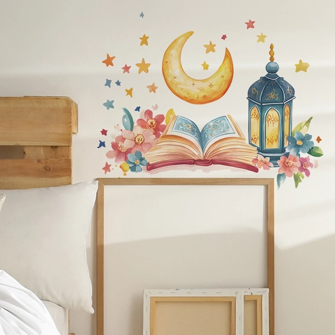 Adesivo Murale Ramadan Acquerello Luna Stella Libro Lanterna Floreale PVC Decalcomania Decorativa per Soggiorno Casa