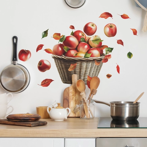Colorful Apple Basket And Autumn Leaves Wall Decal PVC Removable Self Adhesive Kitchen Dining Room Home Decor Sticker