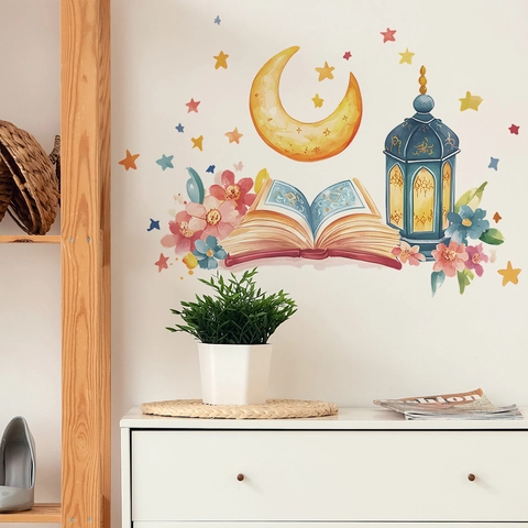 Adesivo Murale Ramadan Acquerello Luna Stella Libro Lanterna Floreale PVC Decalcomania Decorativa per Soggiorno Casa