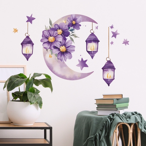 Romantisches Aquarell Lila Mond Blume Sterne Wandaufkleber Kreative Pendelleuchte Aufkleber Für Schlafzimmer Wohnzimmer Haus Hintergrund Dekor