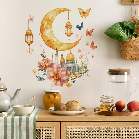 Aquarello Ramadan Luna Moschea Adesivo da Parete Eid Mubarak Fiori Farfalla PVC Autoadesivo Murale Decorazione Casa