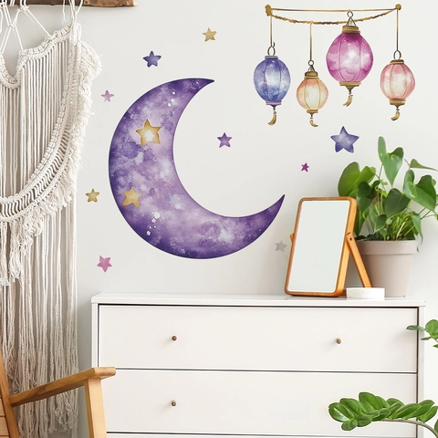 Adesivi Murali con Luna Viola Stelle e Lanterne in Stile Acquerello per Camera da Letto Soggiorno PVC Decorazione Parete