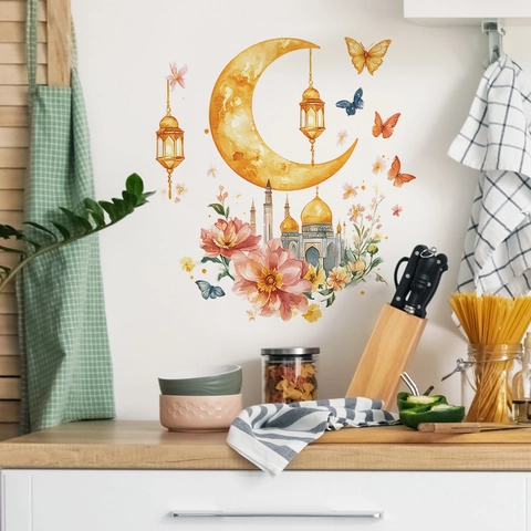 Aquarello Ramadan Luna Moschea Adesivo da Parete Eid Mubarak Fiori Farfalla PVC Autoadesivo Murale Decorazione Casa