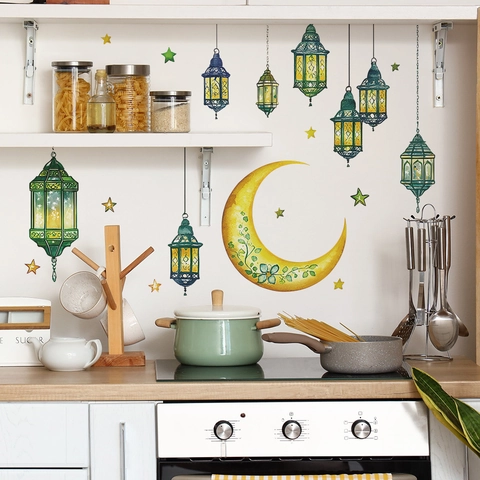 Vinilo De Pared Ramadan Luna Estrella Linterna PVC Retro Lámpara Colgante Floral Para Sala De Estar Dormitorio Eid