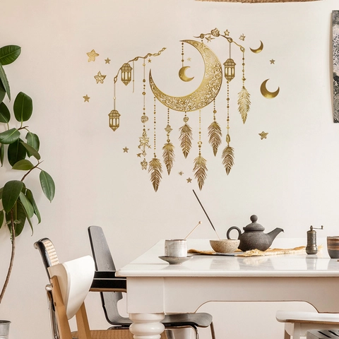 Pegatina Pared Luna Pluma Farolillo Dorado PVC Ramadan Eid Mubarak Mandala Decoración Colgante Para Dormitorio Sala De Estar Casa