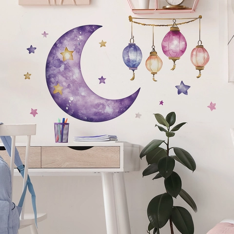 Adesivi Murali con Luna Viola Stelle e Lanterne in Stile Acquerello per Camera da Letto Soggiorno PVC Decorazione Parete