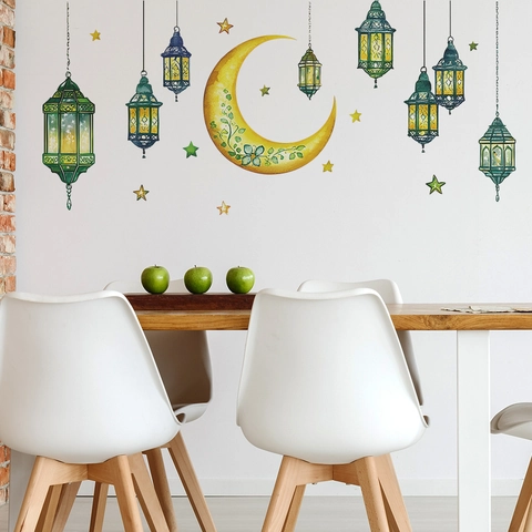 Vinilo De Pared Ramadan Luna Estrella Linterna PVC Retro Lámpara Colgante Floral Para Sala De Estar Dormitorio Eid