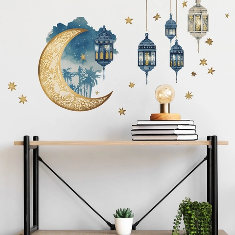 Pegatinas de Pared Ramadan Eid Mubarak Luna Dorada Estrella Linternas Azules Fanous PVC Calcomanía para Sala de Estar Dormitorio
