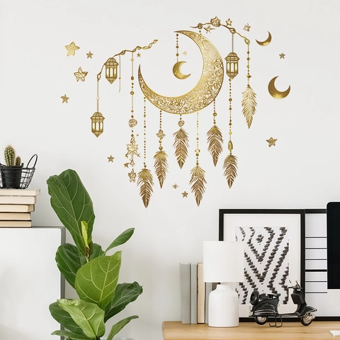 Pegatina Pared Luna Pluma Farolillo Dorado PVC Ramadan Eid Mubarak Mandala Decoración Colgante Para Dormitorio Sala De Estar Casa
