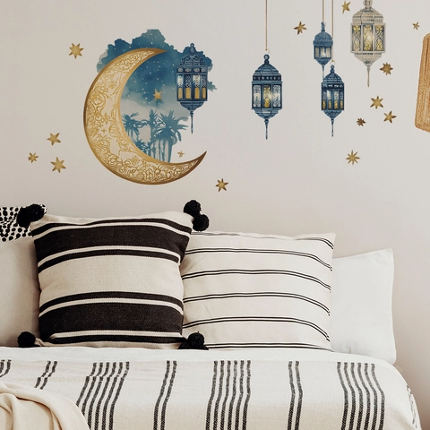 Pegatinas de Pared Ramadan Eid Mubarak Luna Dorada Estrella Linternas Azules Fanous PVC Calcomanía para Sala de Estar Dormitorio