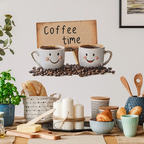 Coffee Time Slogan Wall Sticker Cartoon Smile Coffee Cup Bean PVC Decorative Wall Decal For Cafe Kitchen Dining Room Decor
