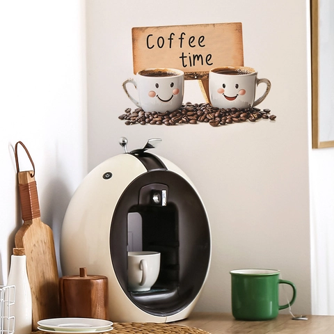 Coffee Time Slogan Wall Sticker Cartoon Smile Coffee Cup Bean PVC Decorative Wall Decal For Cafe Kitchen Dining Room Decor