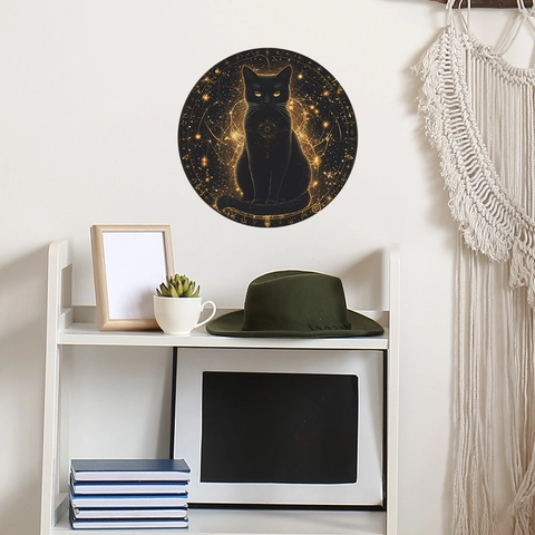 Rundes Mystische Schwarze Katze Wandtattoo Himmlische Gold Geometrie PVC Selbstklebend Heimdeko Aufkleber Für Wohnzimmer