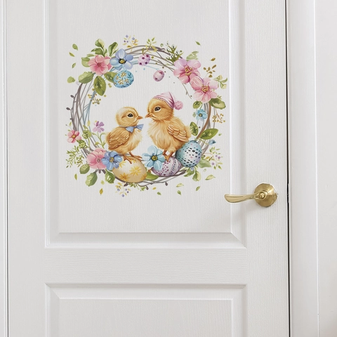Pasen Muurstickers Cartoon Kuiken Bloemenkrans PVC Zelfklevende Sticker Voor Woonkamer Slaapkamer Kinderkamer Huis Decoratie