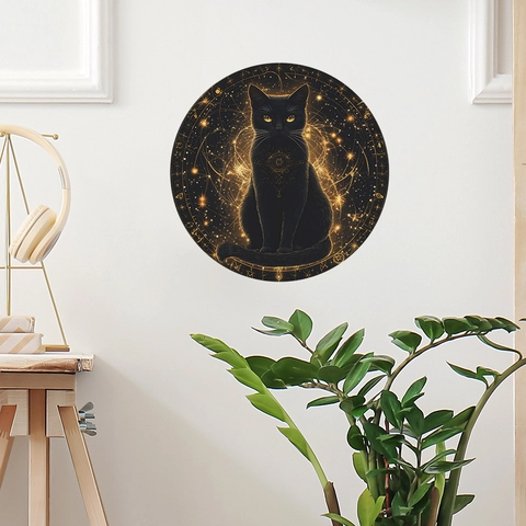 Rundes Mystische Schwarze Katze Wandtattoo Himmlische Gold Geometrie PVC Selbstklebend Heimdeko Aufkleber Für Wohnzimmer