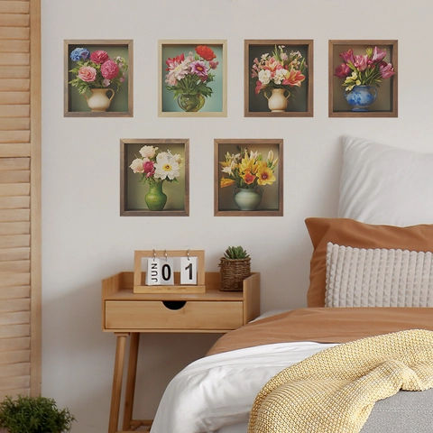 3D Visual Flower Vase Wall Stickers PVC Wood Grain Frame Floral Art Mural For Living Room Bedroom Home Wall Decoration