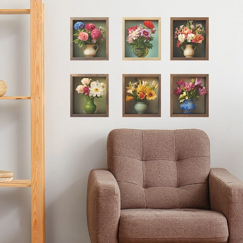 3D Visual Flower Vase Wall Stickers PVC Wood Grain Frame Floral Art Mural For Living Room Bedroom Home Wall Decoration