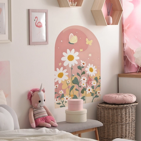 Nordic Arch Wall Sticker PVC Daisy Butterfly Pattern Hand Drawn Aesthetic Wall Decal For Kids Bedroom Living Room Home Decor