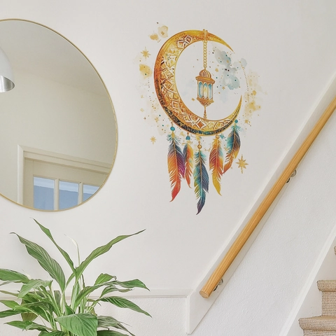 Adesivo da Parete Bohemienne Luna d'Oro Piuma Acquerello Lanterna Rimovibile PVC Decalcomania per Camera Letto Soggiorno