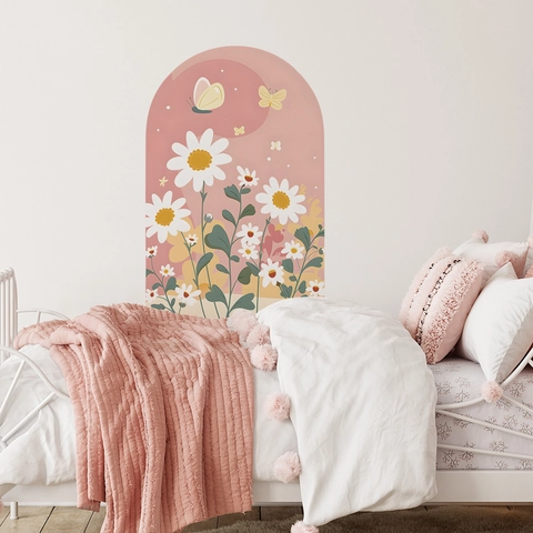 Nordic Arch Wall Sticker PVC Daisy Butterfly Pattern Hand Drawn Aesthetic Wall Decal For Kids Bedroom Living Room Home Decor