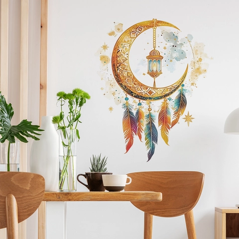Adesivo da Parete Bohemienne Luna d'Oro Piuma Acquerello Lanterna Rimovibile PVC Decalcomania per Camera Letto Soggiorno